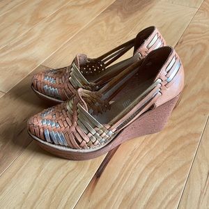 Mexican Huarache Platform Sandal Wedges - Tan Brown Leather- size 8